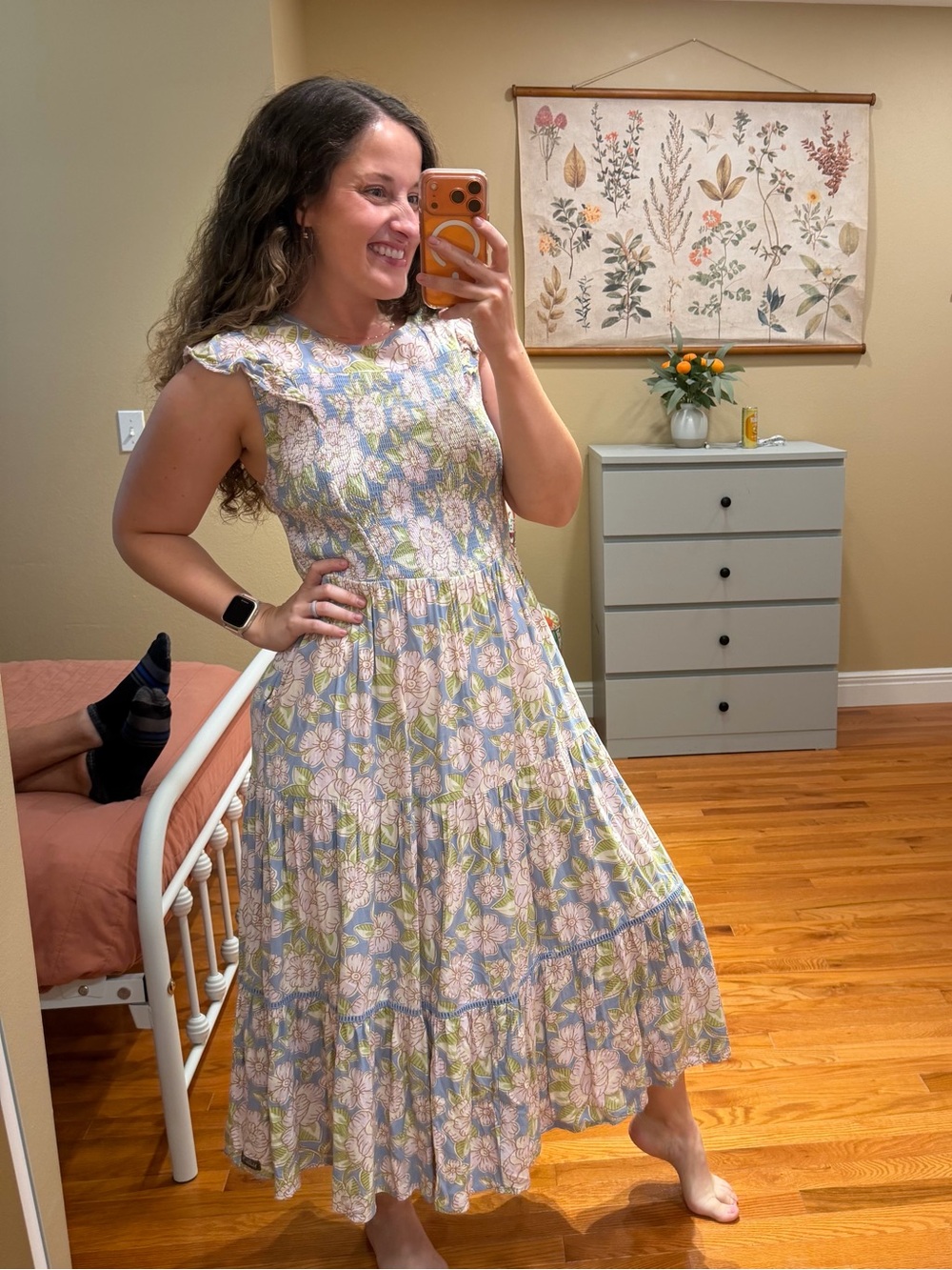 Matilda Jane Floral Ruffle Sleeve Midi Dress in Pastel Pink and Green Large